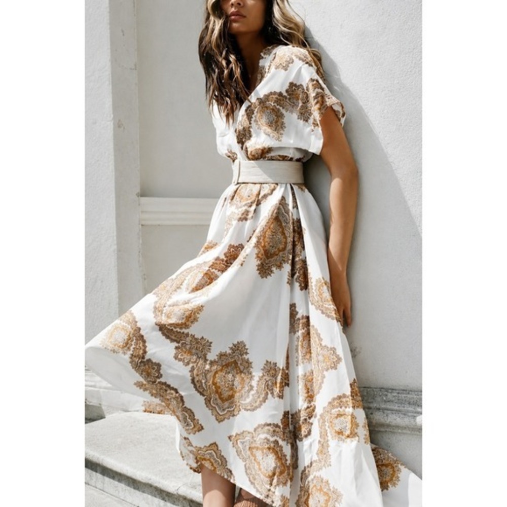 H&M Paisley Wrap Midi Dress Cream Brown Boho Cottagecore‎ Size 2